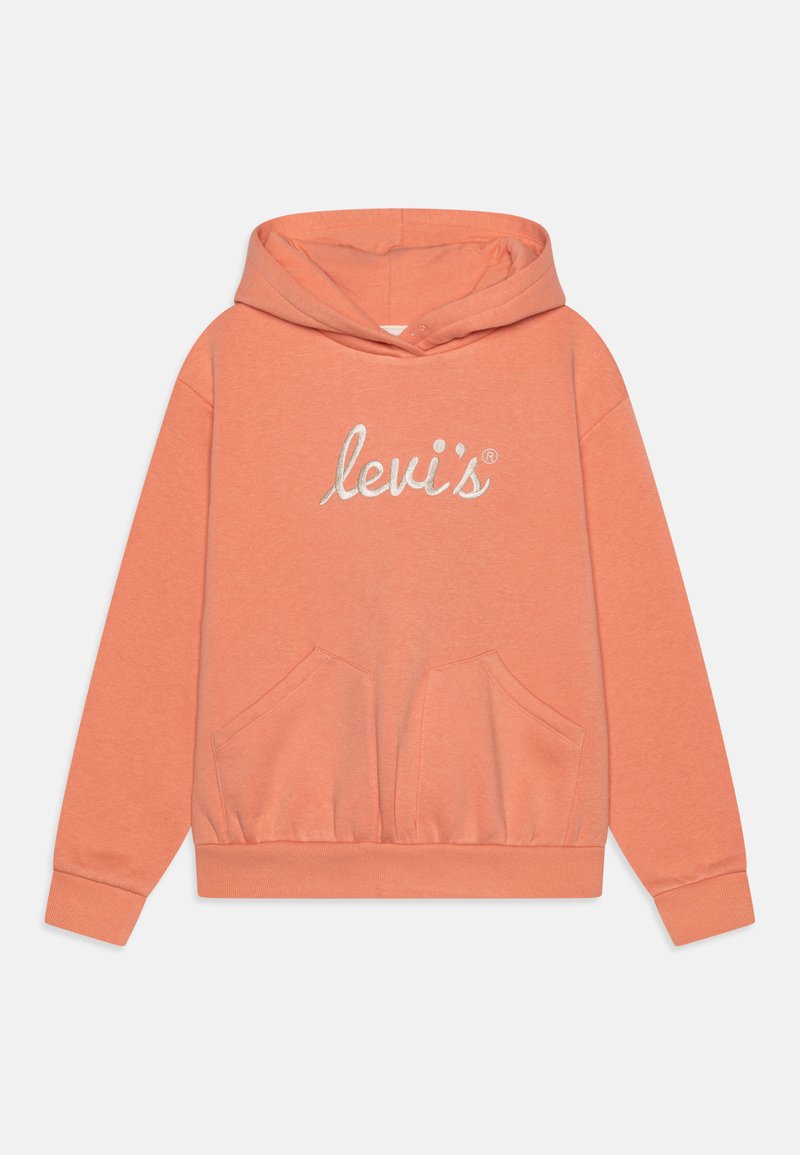 Koraalkleurige hoodie gemaakt van zachte stof met een kangoeroezak, geribbelde manchetten en geborduurd "levi's" logo op de borst.