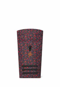 Sac en tissu à motif floral avec un fond noir, featuring des fleurs rouges et violettes, une bandoulière réglable et un accent en cuir.
