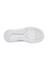 Suela de zapato deportivo blanco con patrón de agarre texturizado, con puntera redondeada y logo "SKECHERS" grabado en la entresuela.