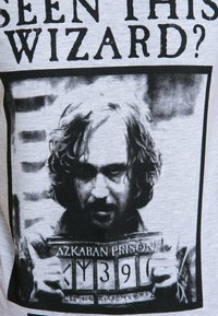 Gray T-shirt featuring a black-and-white print of a man holding an "Azkaban Prison" sign with the text "SEEN THIS WIZARD?" above.