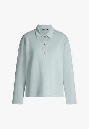 Lichtblauw poloshirt met lange mouwen, gemaakt van zachte stof, met een kraag en drie gouden knopen langs de knoopsluiting. Rechte snit, minimalistisch ontwerp.