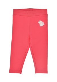 Leggings color corallo chiaro realizzati in materiale morbido. Presentano un comodo elastico in vita e una piccola toppa di unicorno pastello sul lato sinistro.