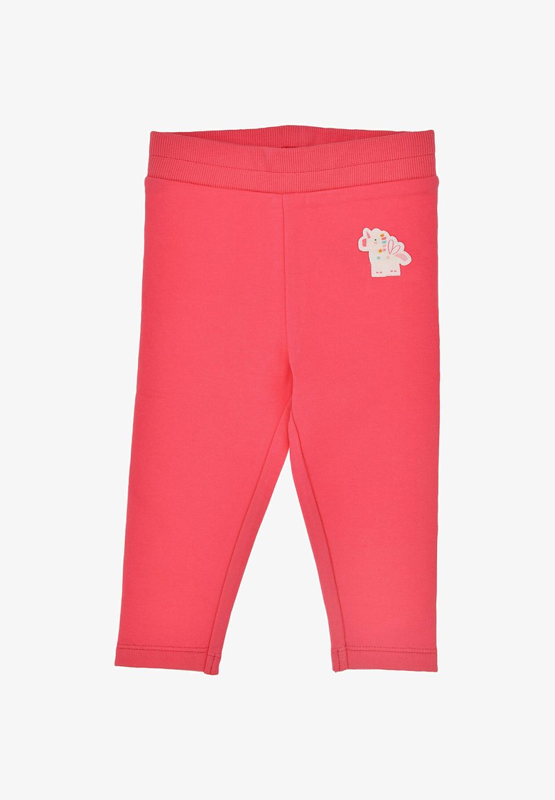Korallenrosa Leggings aus weichem Material. Sie verfügen über einen bequemen elastischen Bund und ein kleines, pastellfarbenes Einhorn-Patch auf der linken Seite.