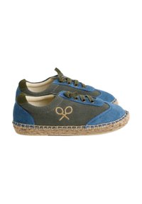 Espadrilles de lona en azul y verde, con suela de yute cosida, puntera redonda y logo de tijeras bordado en el costado.