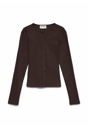 Ciemnobrązowy kardigan na długi rękaw z guzikami, okrągłym dekoltem i prążkowaną fakturą, ułożony na płasko na białym tle.