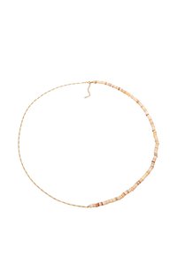 Gouden ketting met kleine, kleurgemengde schijfjes in tinten beige, roze, en bruin, met een delicate verstelbare sluiting.