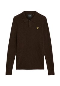Σκούρο καφέ μακρυμάνικη πλεκτή μπλούζα πόλο, κατασκευασμένη από πλεκτό ύφασμα, με τυπικό γιακά, πατιλέτα με δύο κουμπιά και μικρό κίτρινο λογότυπο στο στήθος.