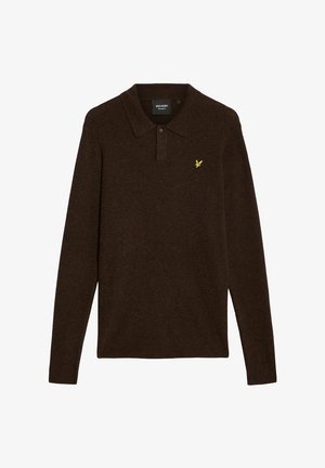 Mørkebrun langærmet polotrøje lavet af strikket stof med standardkrave, to-knaps slids og en lille gul logo på brystet.