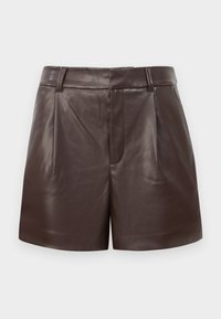 Dark brown leather shorts with front pleats, belt loops, and a concealed front closure on a plain light background.