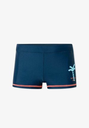 Pantaloni da nuoto della marina realizzati in un tessuto liscio. Presentano una grafica di palme blu chiaro e il testo "DIVERTIMENTO ESTIVO", con cuciture di accento corallo.