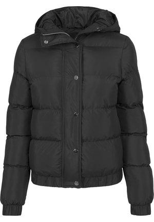 Schwarze wattierte Winterjacke mit Kapuze, Druckknopfverschluss vorne, elastischen Bündchen und einem leicht gerafften Saum.
