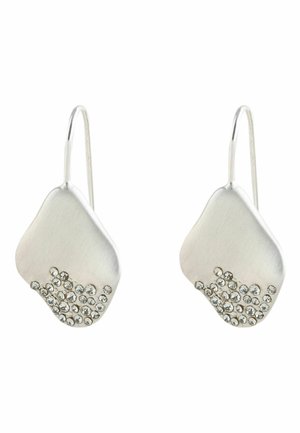 Silver geometric dangle earrings with cluster of small clear crystals on the bottom half, featuring thin curved hooks for wearing.