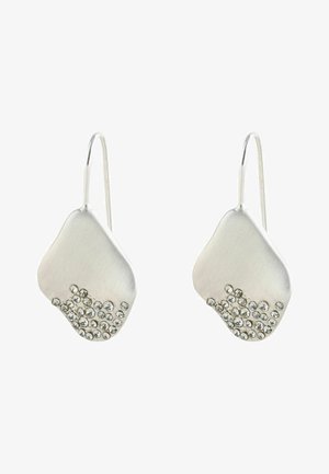 Silver geometric dangle earrings with cluster of small clear crystals on the bottom half, featuring thin curved hooks for wearing.