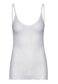 White tank top with thin straps, made from a smooth, stretchy fabric. Features a scoop neckline and a slightly frayed hem.