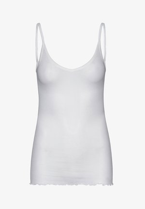 Valge õhuke õlgadega top, mis on valmistatud sujuvast ja venivast kangast. Omab ümarat kaelakaunistust ja veidi kulunud serva.