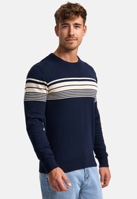 Pull marin en tissu tricoté, présentant un motif rayé horizontal crème. Encolure ras du cou et poignets ajustés, avec une coupe décontractée.