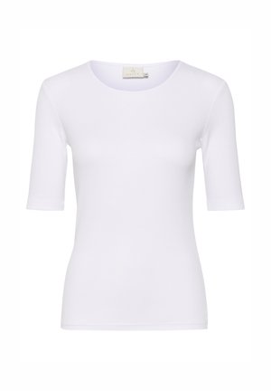 Witte nauwsluitende t-shirt van gladde stof, met een ronde halslijn en korte mouwen, zonder zichtbare patronen of accenten.