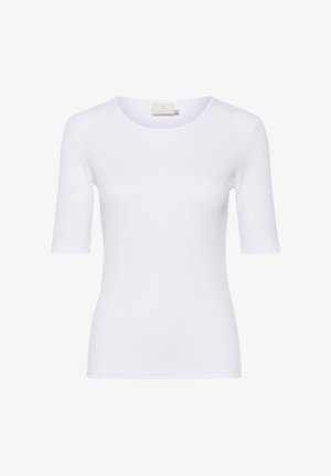 T-shirt blanc ajusté en tissu lisse, avec un col rond et des manches courtes, sans motifs ni accents visibles.