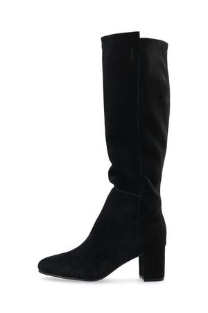 Bottes noires à hauteur de genoux en daim doux. Dotées d'un bout pointu, d'une texture lisse et d'un talon block. Design minimaliste sans matériel visible.
