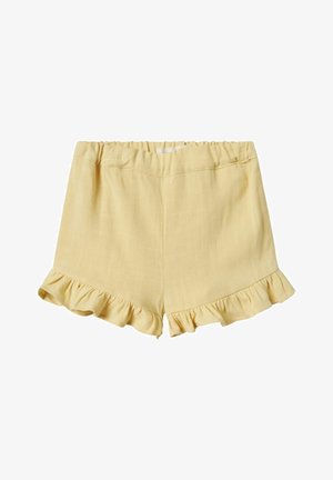 Żółte szorts wykonane z lekkiego materiału, z falbaniastym dołem i elastycznym pasem dla komfortu. Gładka tekstura z subtelnym połyskiem.