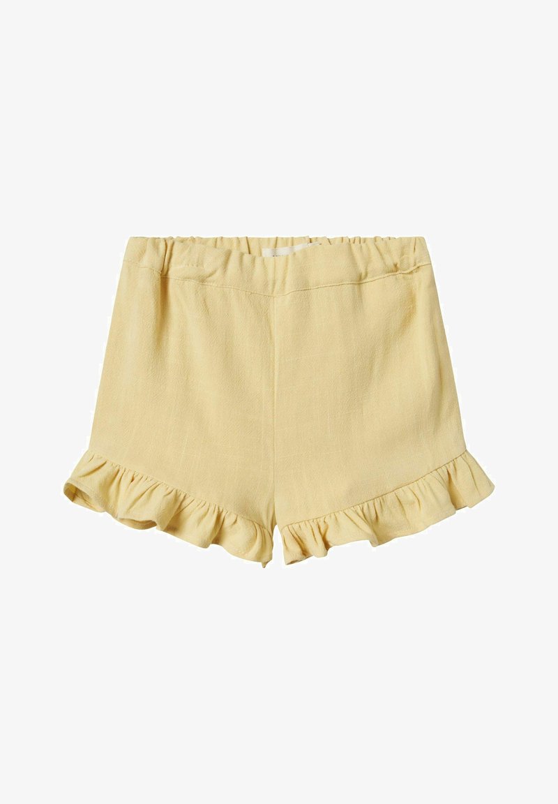 Geltoni šortai iš lengvos medžiagos, su pličių apdaila ir elastinga juosta patogumui. Lygi tekstūra su subtiliu blizgesiu.