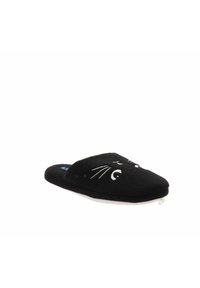 Pantofole nere con punta arrotondata, tessuto testurizzato, con un design di faccia di gatto ricamato in bianco e una suola morbida e semplice.