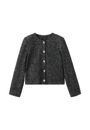 Cardigan cropped cu mâneci lungi, negru cu pete, cu decolteu rotund și cinci nasturi argintii pe partea din față.