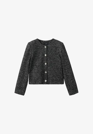 Cardigan cropped cu mâneci lungi, negru cu pete, cu decolteu rotund și cinci nasturi argintii pe partea din față.