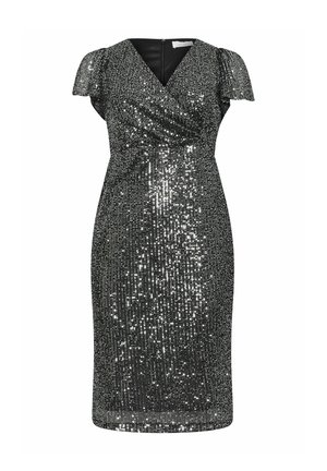 Vestido negro cubierto de lentejuelas plateadas, con mangas cortas de vuelo y un escote profundo en V. Forma ajustada con un dobladillo a la altura de la rodilla.