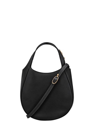 Schwarze Lederhandtasche mit einer runden Form, ausgestattet mit einem kurzen Griff und einem langen verstellbaren Schulterriemen, akzentuiert mit goldenen Beschlägen.