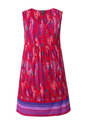 Sleeveless red dress featuring a vibrant feather pattern in pink and blue shades, with a gathered waist and colorful striped hem detail.