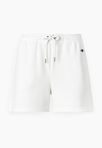Witte katoenen shorts met een elastische tailleband, een trekkoord en zijzakken. Kenmerkt zich door subtiele logo borduursels in het zwart. Glad textuur.