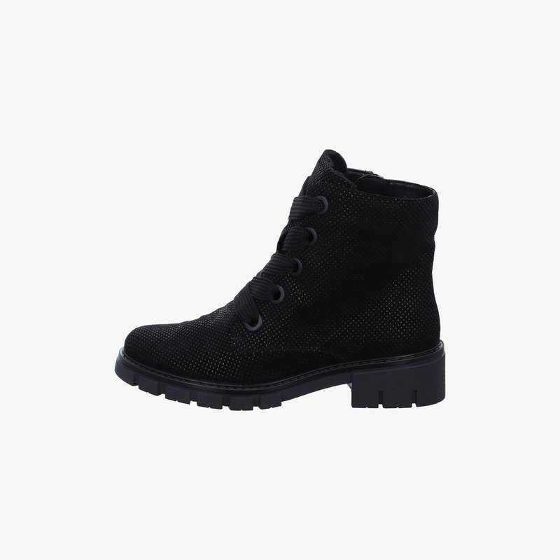 Black suede lace-up ankle boot with textured surface and chunky sole, designed for casual or outdoor wear.