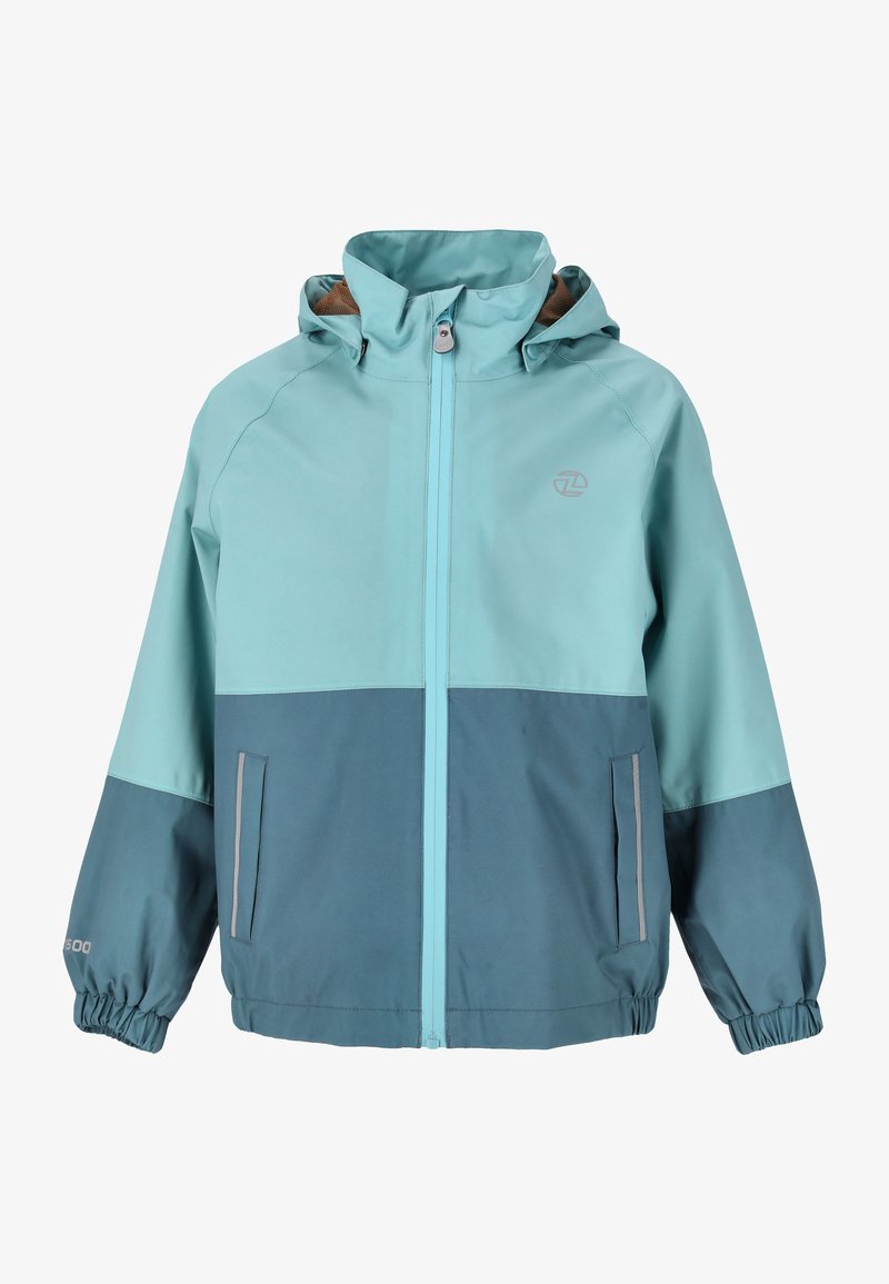 Kevyt, kaksivärinen takki akvamariinin ja tumman teal-värin yhdistelmässä, jossa on vetoketjukiinnitys edessä, huppu, joustavat hihansuut ja sivutaskut. Pehmeä rakenne.