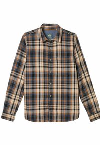 Langarm-Hemd im Karomuster in Braun, Schwarz, Blau und Creme. Hergestellt aus weichem Material mit Knopfleiste und einer einzelnen Brusttasche. Für den lässigen Gebrauch entworfen.