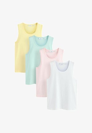 Quatre débardeurs sans manches en jaune, bleu clair, rose et blanc, disposés en pile décalée sur un fond blanc.