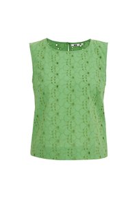 Top verde fără mâneci, cu un model texturat ce conține desene circulare și mici decupaje. Gulerul este rotund, având o închidere la spate.