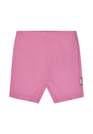 Rosa Kinder-Badeshorts mit elastischem Bund und kleinem Markenzeichen an der Seitennaht vor weißem Hintergrund.