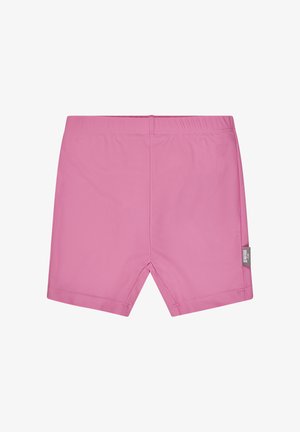 Pink children's swim shorts with elastic waistband and small brand tag on the side seam against a white background.