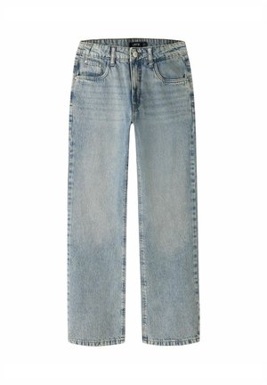 Hele sinine teksapüksid sirgete säärtega, varustatud tavapärase vöökohtade, esitaskute ja õrnade pleekidega kangal.