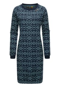 Sweater dress in navy blue with light blue geometric patterns. Long sleeves, round neckline, and three decorative buttons on the shoulder.