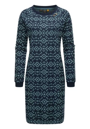 Robe en tricot bleu marine avec des motifs géométriques bleu clair. Manches longues, encolure ronde et trois boutons décoratifs sur l'épaule.