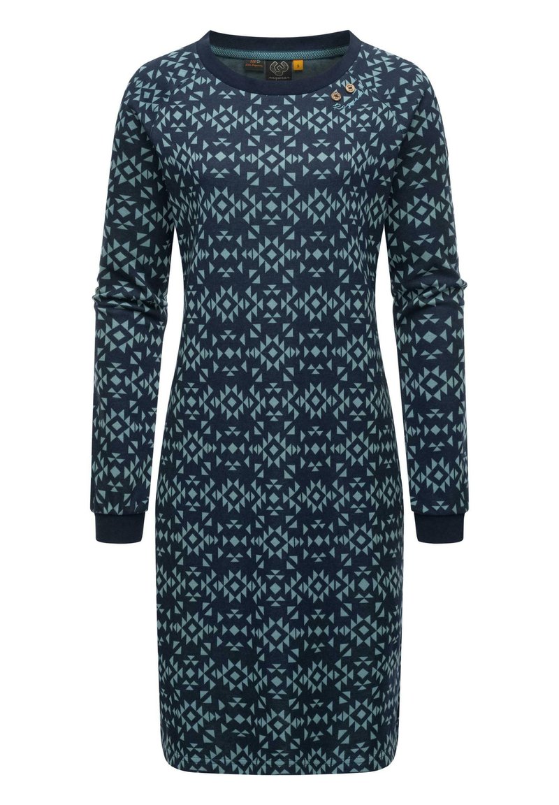Sweater dress in navy blue with light blue geometric patterns. Long sleeves, round neckline, and three decorative buttons on the shoulder.