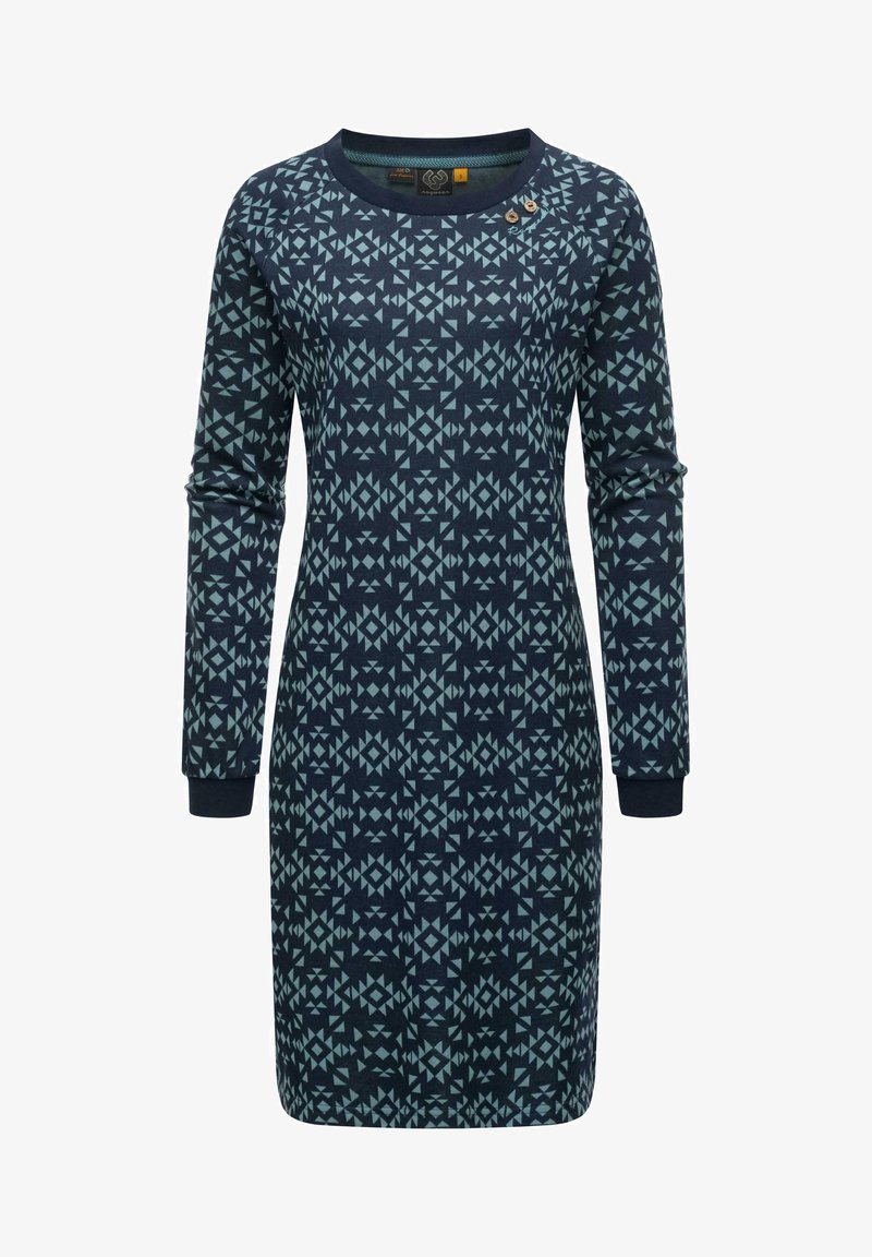 Vestido de punto en azul marino con patrones geométricos en azul claro. Mangas largas, escote redondo y tres botones decorativos en el hombro.