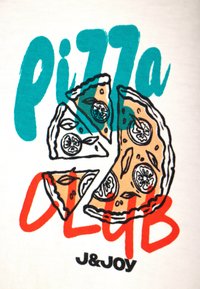 De afbeelding bevat een pizza-illustratie, gekleurd in bruin en groen, met een rode omranding. De tekst luidt "PIZZA CLUB" in turquoise en rode lettertypen.