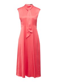 Koralle Midi-Kleid mit Kragen und Halsband. Aus glattem Stoff gefertigt, mit tailliertem Oberteil und schwingendem Rock. Keine sichtbaren Muster oder Verzierungen.