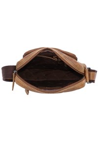 Brown leather bag with a zip closure, wide opening, and brown fabric lining. Features contrast stitching and an adjustable strap.