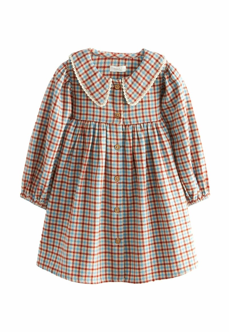 Robe à manches longues pour tout-petit avec motif à carreaux bleu et orange, boutonnage sur le devant, taille froncée et col à bordure en dentelle festonnée.