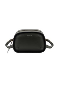 Borsa a tracolla in pelle nera con forma arrotondata, chiusura con zip superiore e dettagli in tonalità oro. Presenta una tracolla testurizzata e un dettaglio del logo.