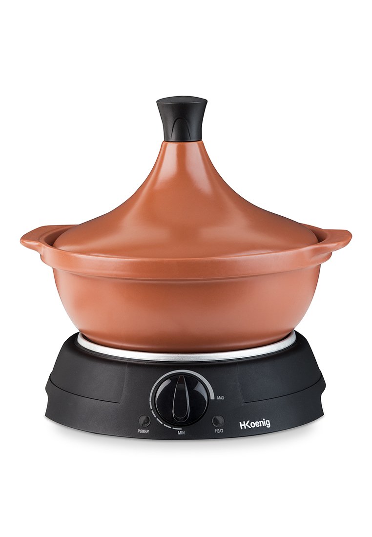 Terrakotta-Tagine mit konischem Deckel, auf einer schwarzen elektrischen Basis mit Steuerknopf platziert. Verfügt über eine glatte Textur und gebogene Form.